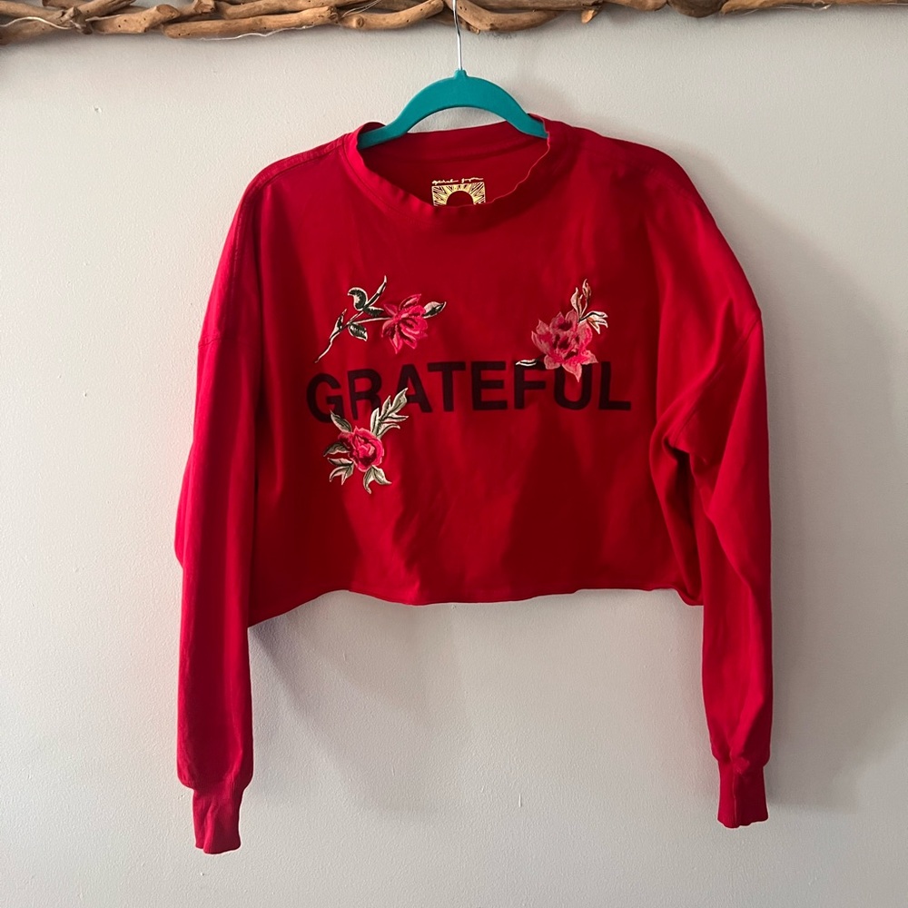 Spiritual Gangster Grateful Red Embroidered Women's Long Sleeve Crop Top